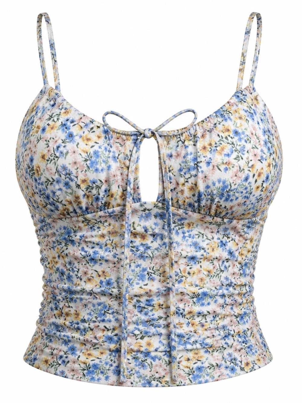 Just Polly Ruched Mesh Floral Tie-Front Cami Tank Top